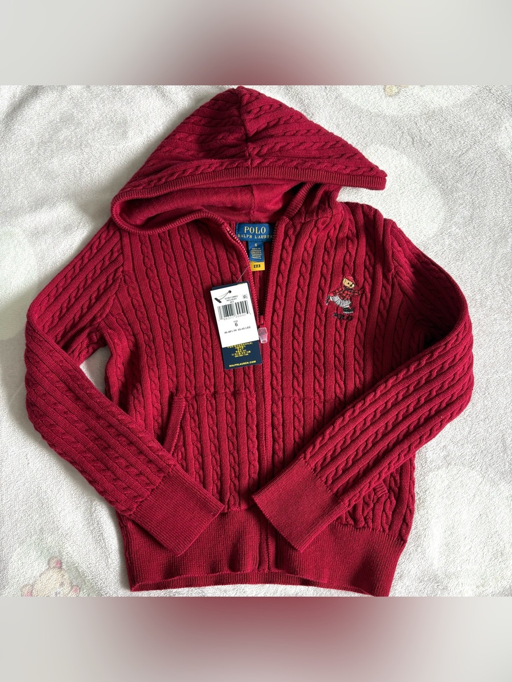 NEW Kids' Polo Ralph Lauren Bear Cable Zip Hoodie Size 6 Maroon Color Cotton